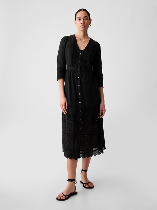 1 of 8 showing, with the color black of product Textured Crinkle Lace Midi Dress