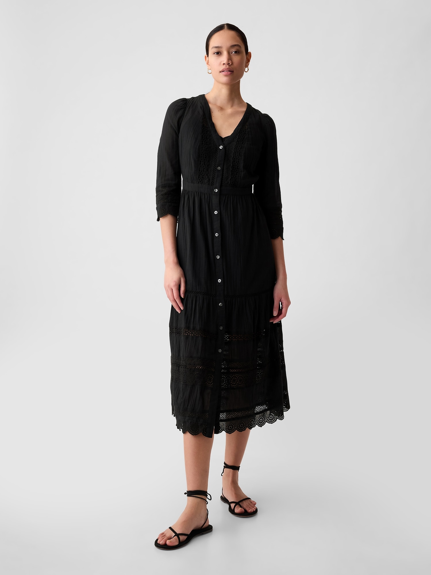 Crinkle Gauze Lace Midi Dress