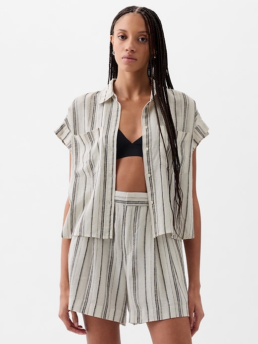 1 of 8 showing, with the color black, blue, & off white stripe of product Linen-Blend Cropped Shirt