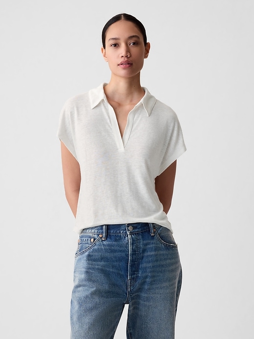 1 of 8 showing, with the color white of product Linen-Blend Polo Shirt