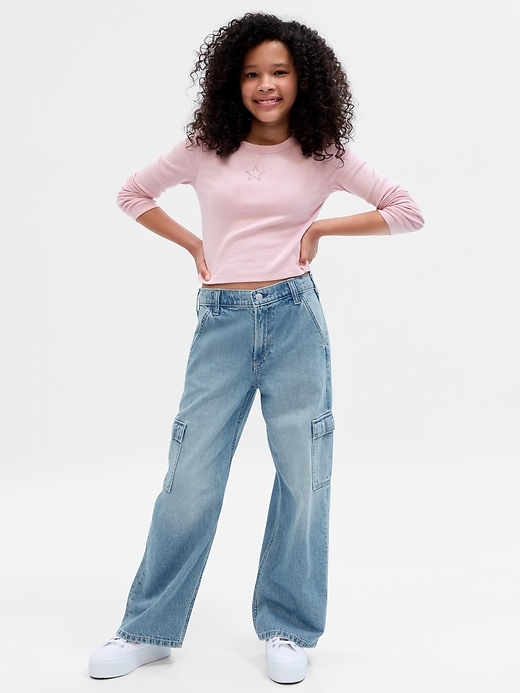 1 of 8 showing, with the color MEDIUM WASH of product Kids Low Rise Stride Wide-Leg Cargo Jeans