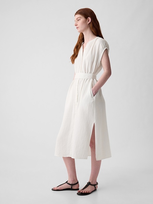 knee length dresses for ladies Coco Handpainted Floral Puff Sleeve Cinched Dress in Crinkle Gauze   fbrq.com