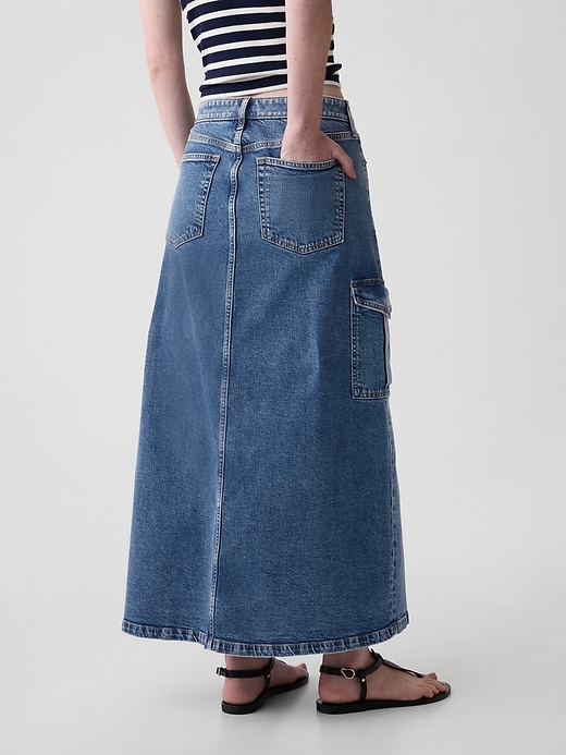 2 of 8 showing, with the color medium indigo of product Denim Cargo Maxi Skirt