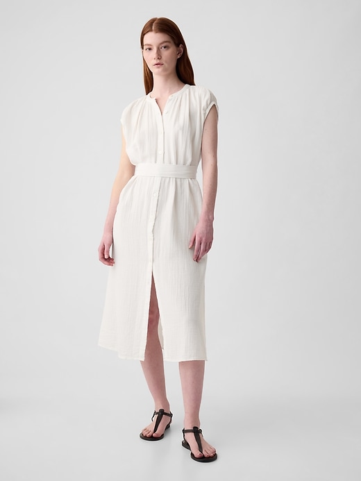 1 of 8 showing, with the color new off white of product Crinkle Gauze Belted Midi Dress