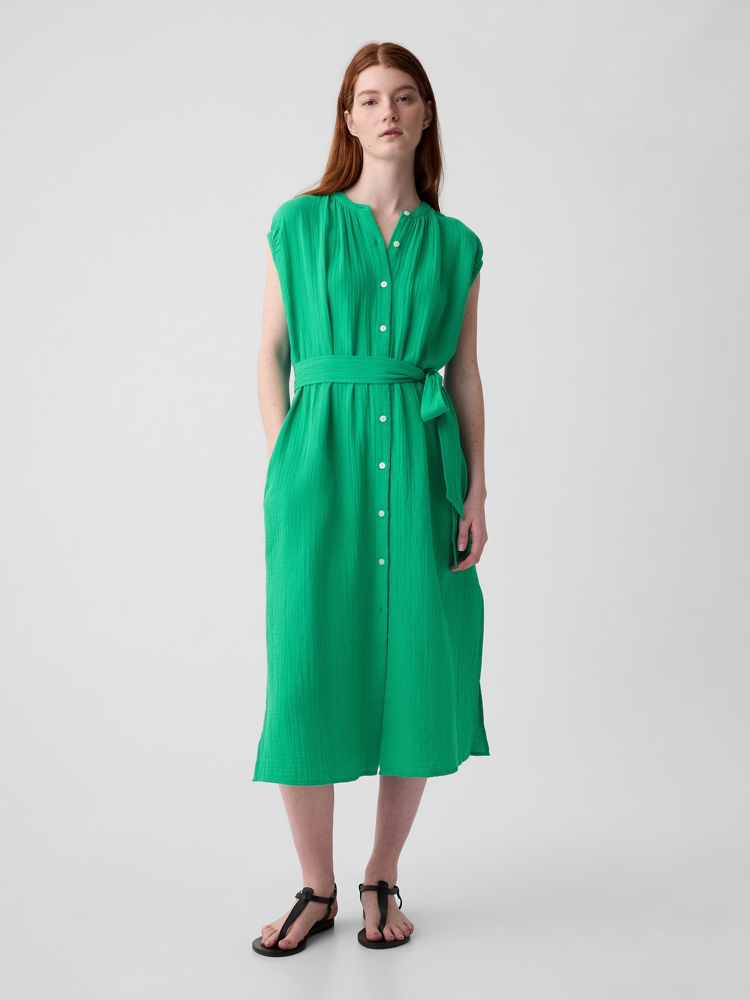 Shop Gap Crinkle Gauze Belted Midi Dress In Simply Green