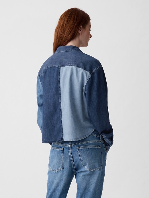 2 of 8 showing, with the color medium wash of product Cropped Patchwork Denim Shirt