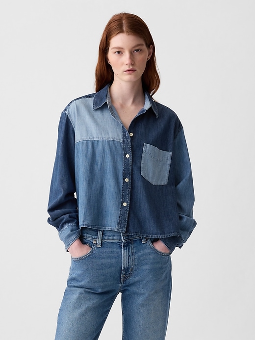 Image number 1 showing, Cropped Patchwork Denim Shirt