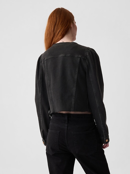 2 of 8 showing, with the color black wash of product Collarless Cropped Icon Denim Jacket