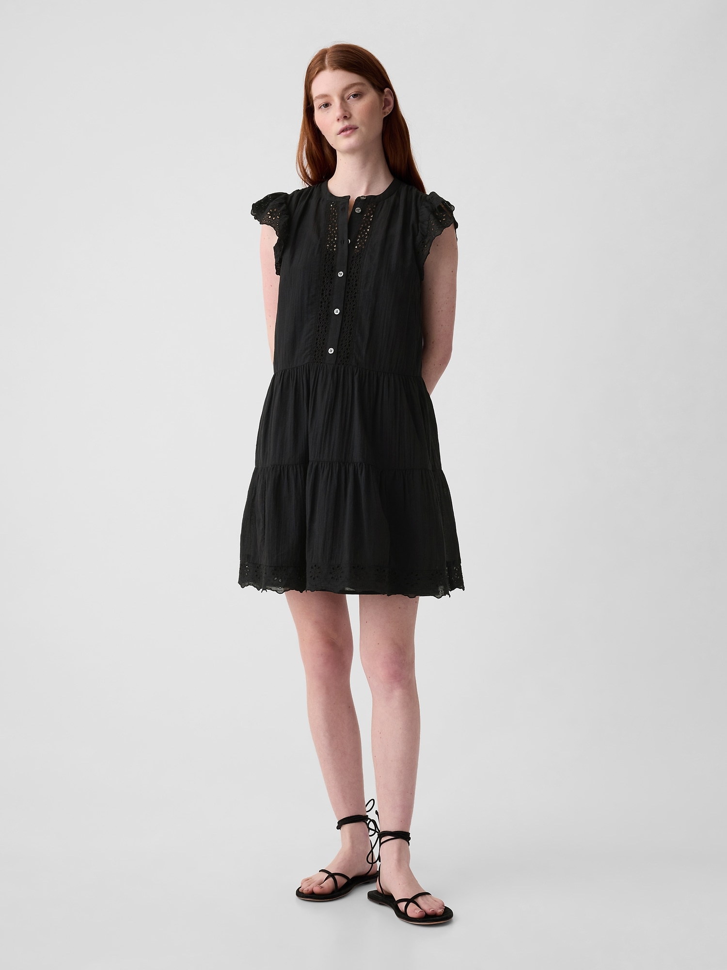Gap Crinkle Gauze Crochet Mini Dress In Black