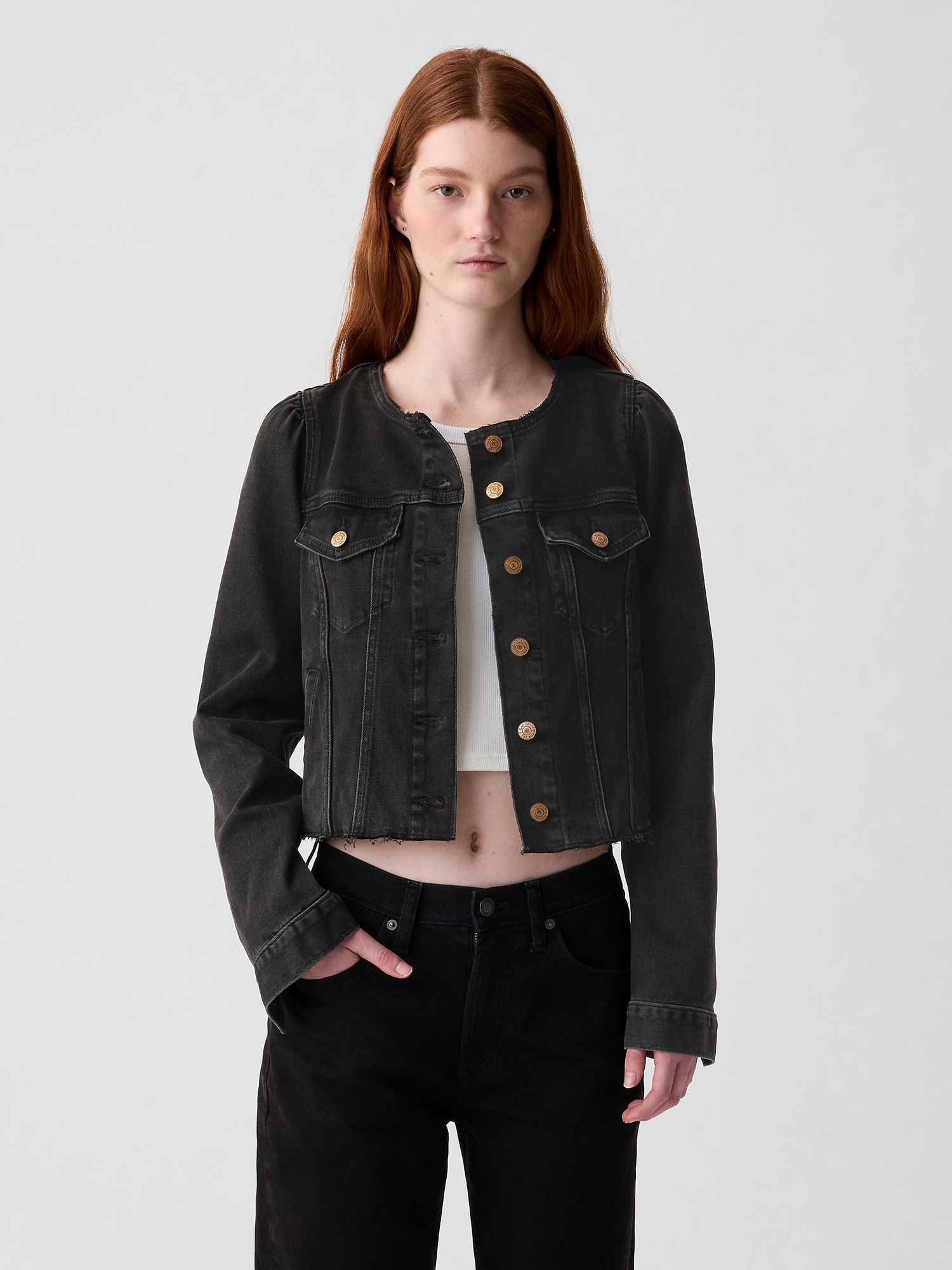 Gap Collarless Cropped Icon Denim Jacket In Black Wash