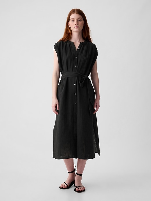 1 of 8 showing, with the color black of product Crinkle Gauze Belted Midi Dress