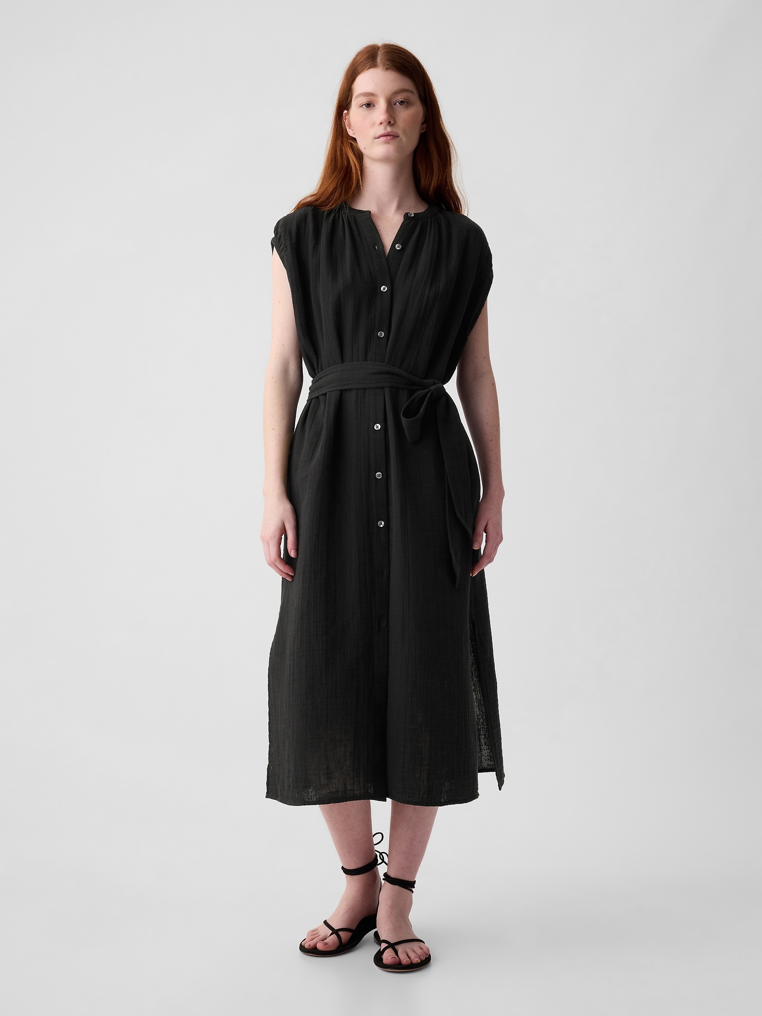 Crinkle Gauze Belted Midi Dress