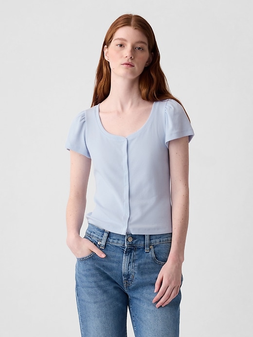 1 of 8 showing, with the color bicoastal blue of product Modern Rib Cropped Cardigan Shirt