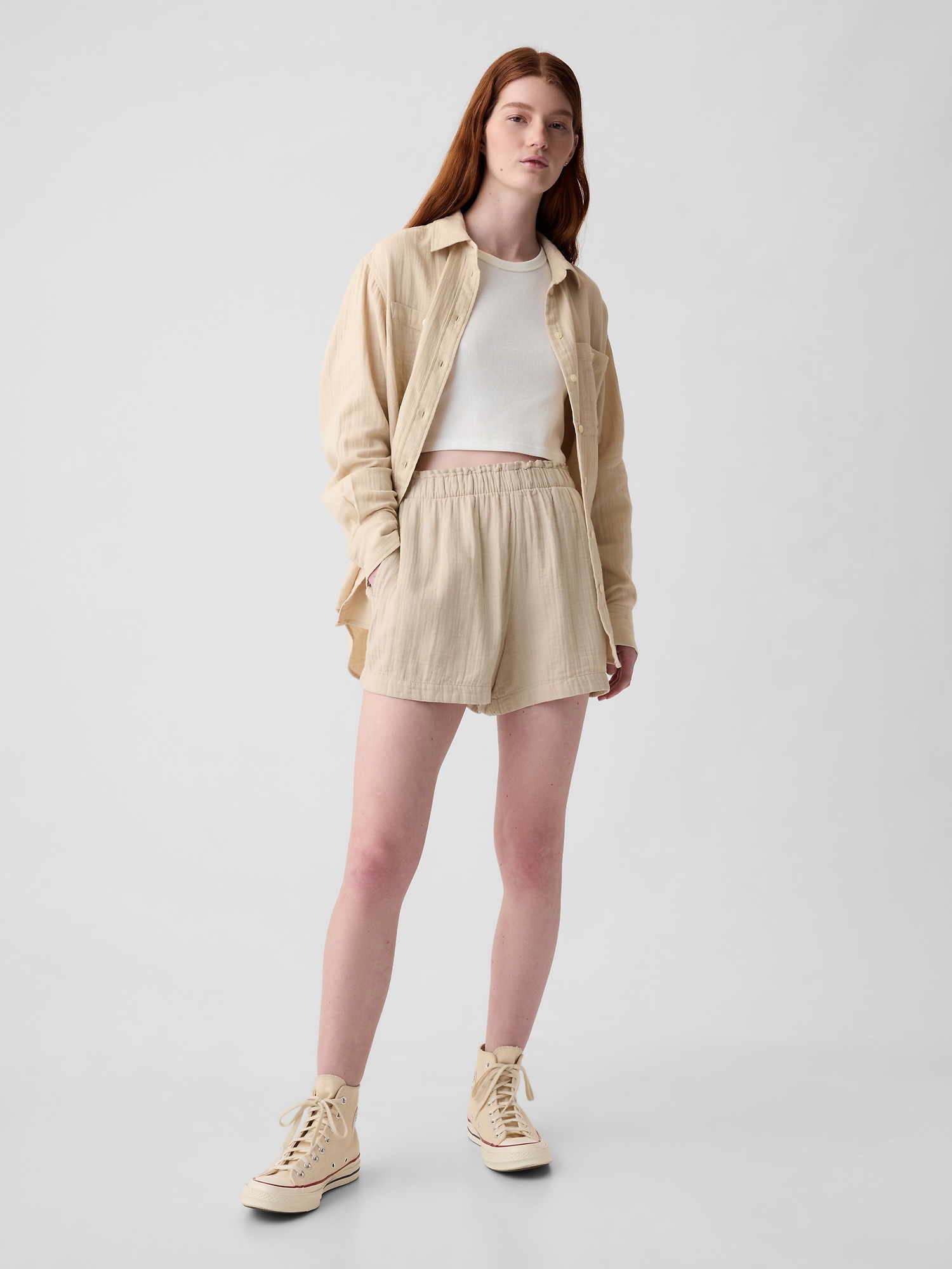 Gap Crinkle Gauze Pull-on Shorts In Bedrock Beige