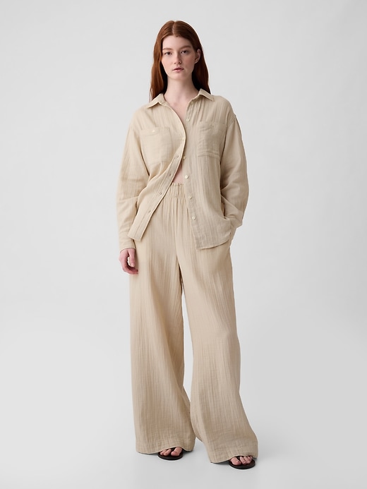 1 of 8 showing, with the color bedrock beige of product Mid Rise Crinkle Gauze Wide-Leg Pants