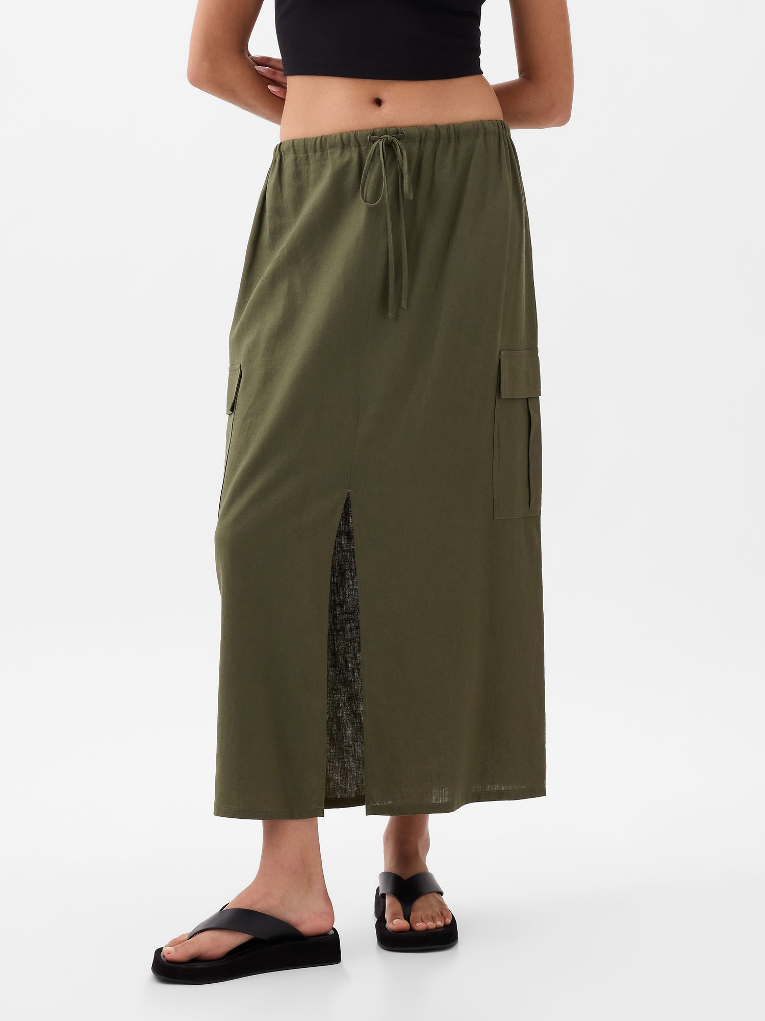 Linen-Blend Cargo Midi Skirt