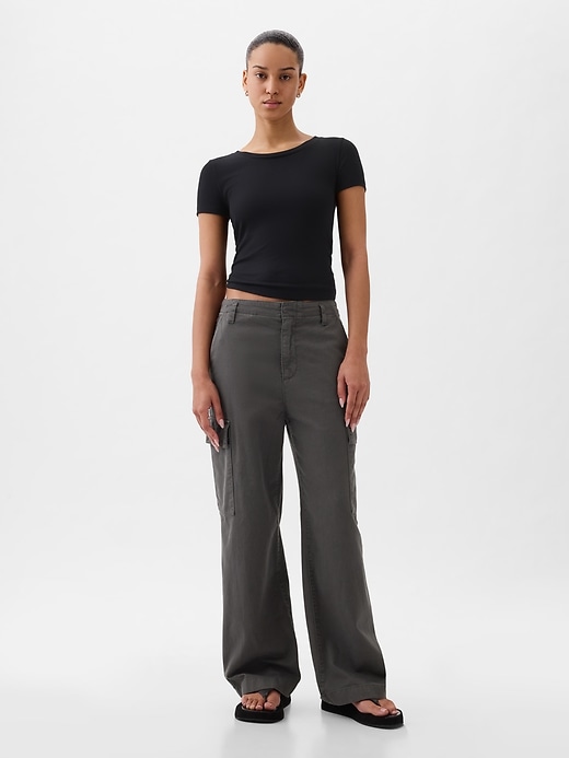 1 of 8 showing, with the color soft black of product Mid Rise Loose Khaki Cargo Pants