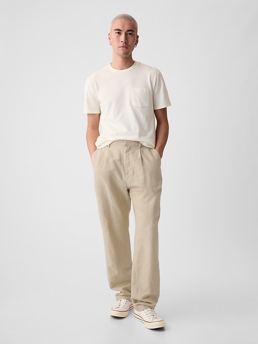 1 of 8 showing, with the color oatmeal of product Linen-Cotton Pleated Trousers