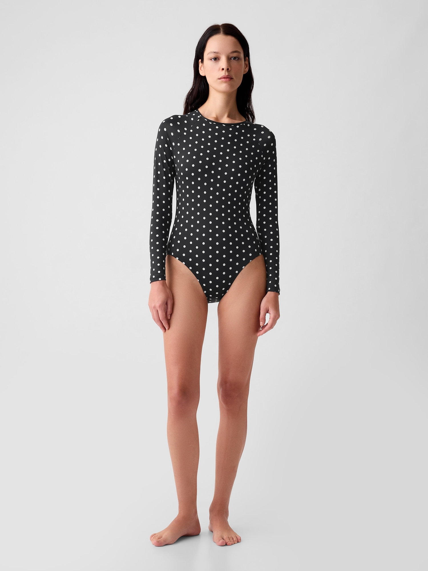 Shop Gap Rash Guard One-piece Swimsuit In Black With White Polka Dots