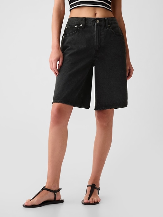 2 of 8 showing, with the color black of product 11.5" Mid Rise Longline Denim Shorts