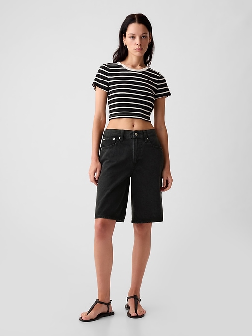 1 of 8 showing, with the color black of product 11.5" Mid Rise Longline Denim Shorts