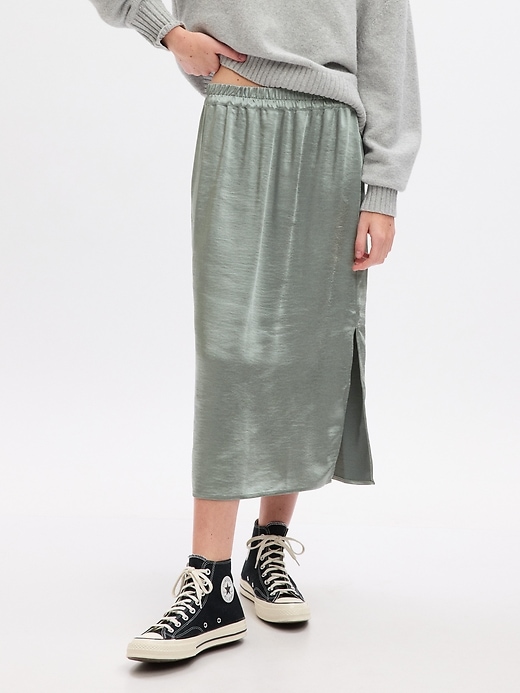 1 of 8 showing, with the color sage green of product Satin Midi Skirt