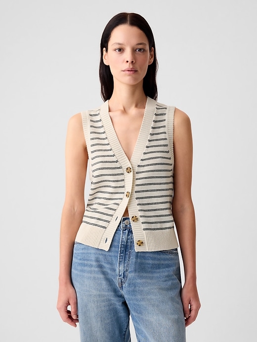1 of 8 showing, with the color white black stripe of product Linen-Blend Sweater Vest