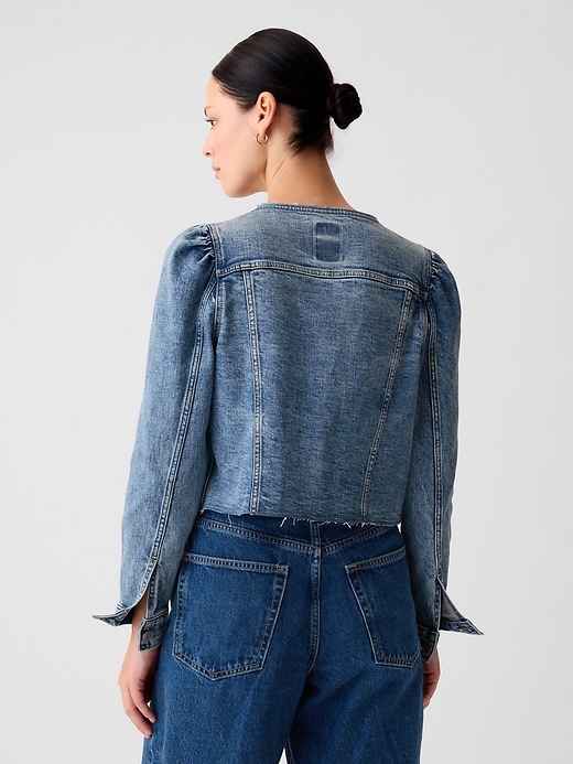2 of 8 showing, with the color light indigo of product Collarless Cropped Icon Denim Jacket