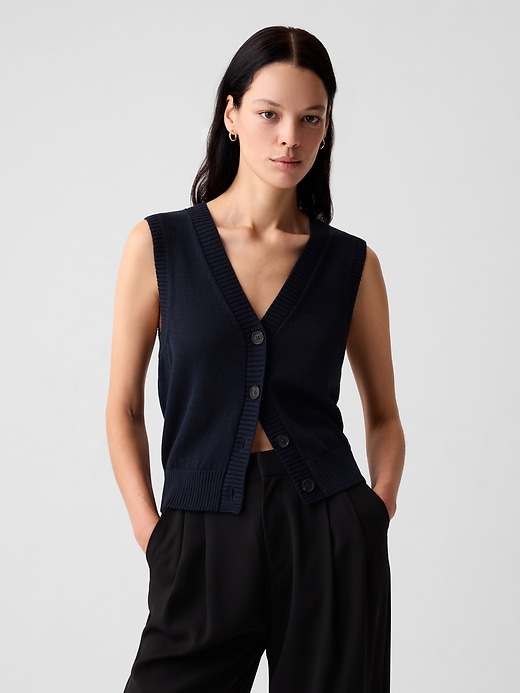 1 of 8 showing, with the color dark night blue of product Linen-Blend Sweater Vest