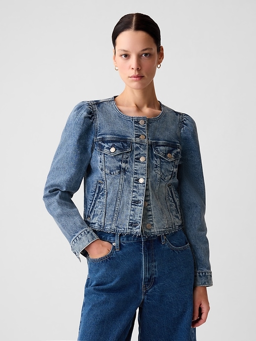 Image number 1 showing, Collarless Cropped Icon Denim Jacket