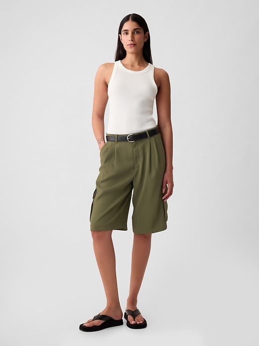1 of 8 showing, with the color olive green of product 365 Mid Rise Cargo Bermuda Shorts