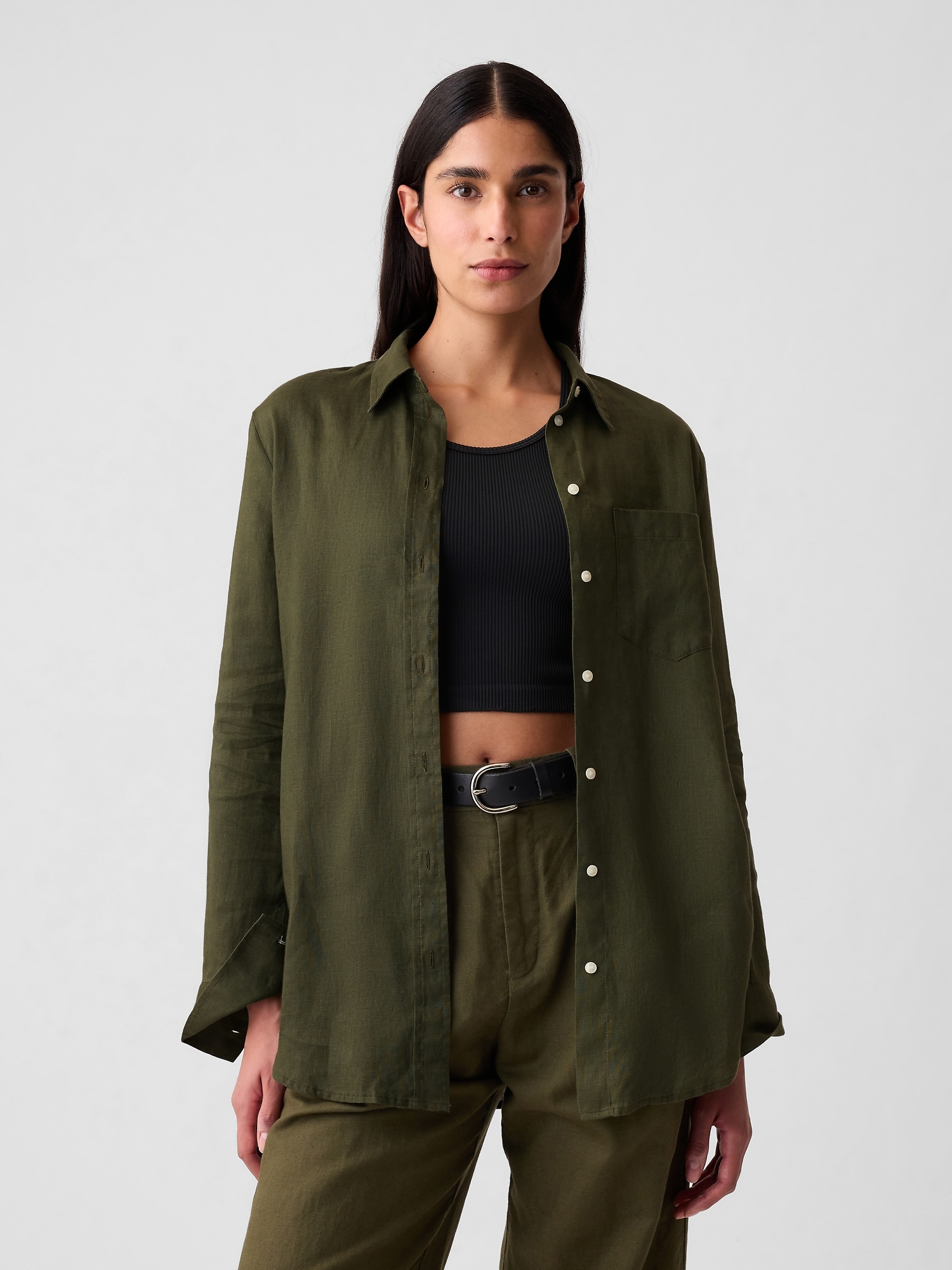100% Linen Boyfriend Shirt - Green