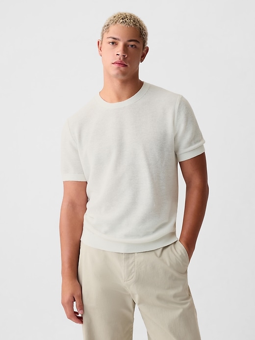 1 of 8 showing, with the color new off white of product Linen-Blend Textured Sweater Shirt