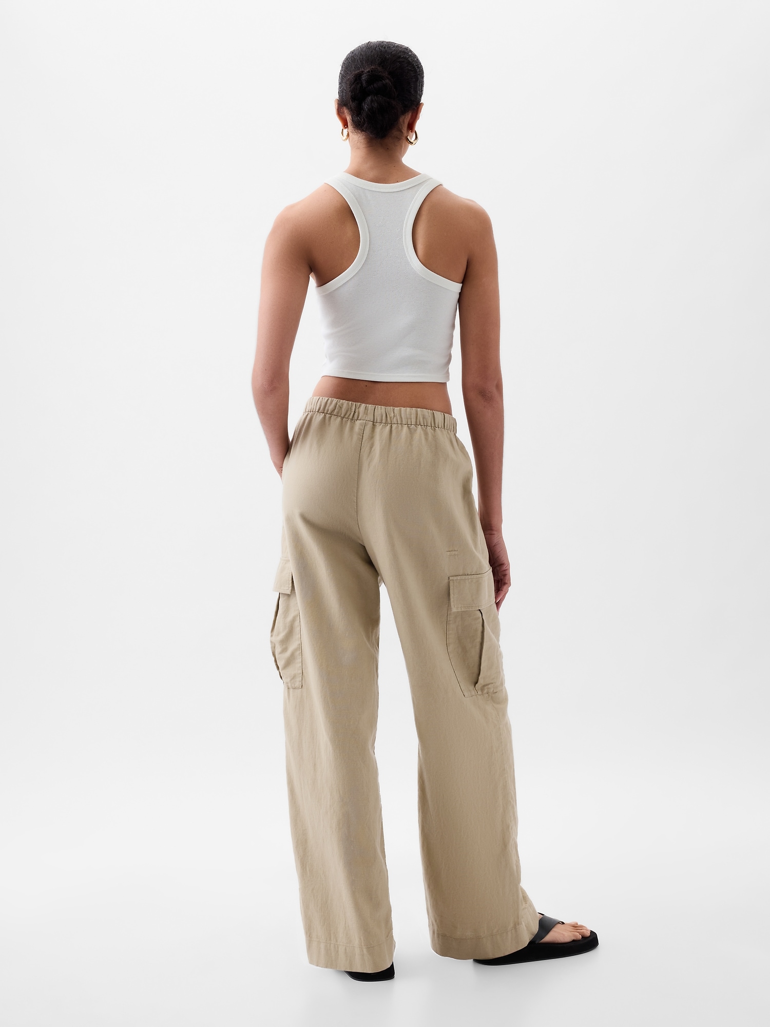 Mid Rise Linen-Cotton Pull-On Cargo Pants