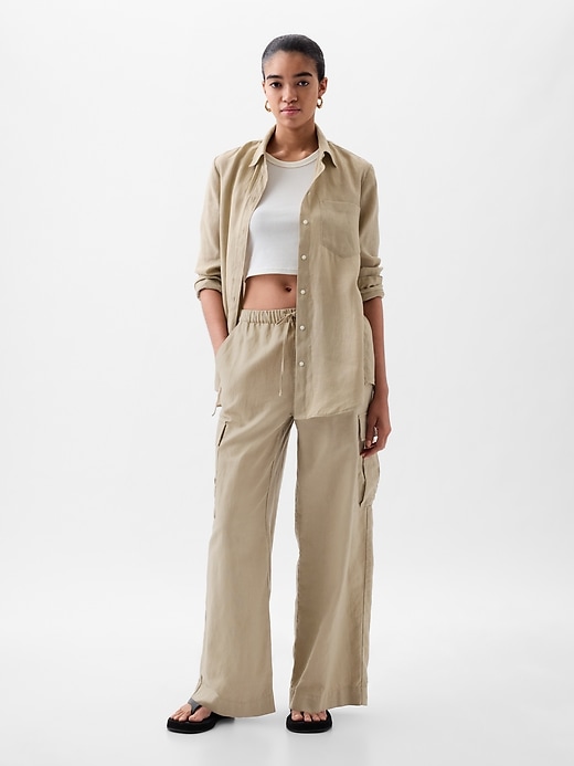 Image number 1 showing, Mid Rise Linen-Cotton Pull-On Cargo Pants