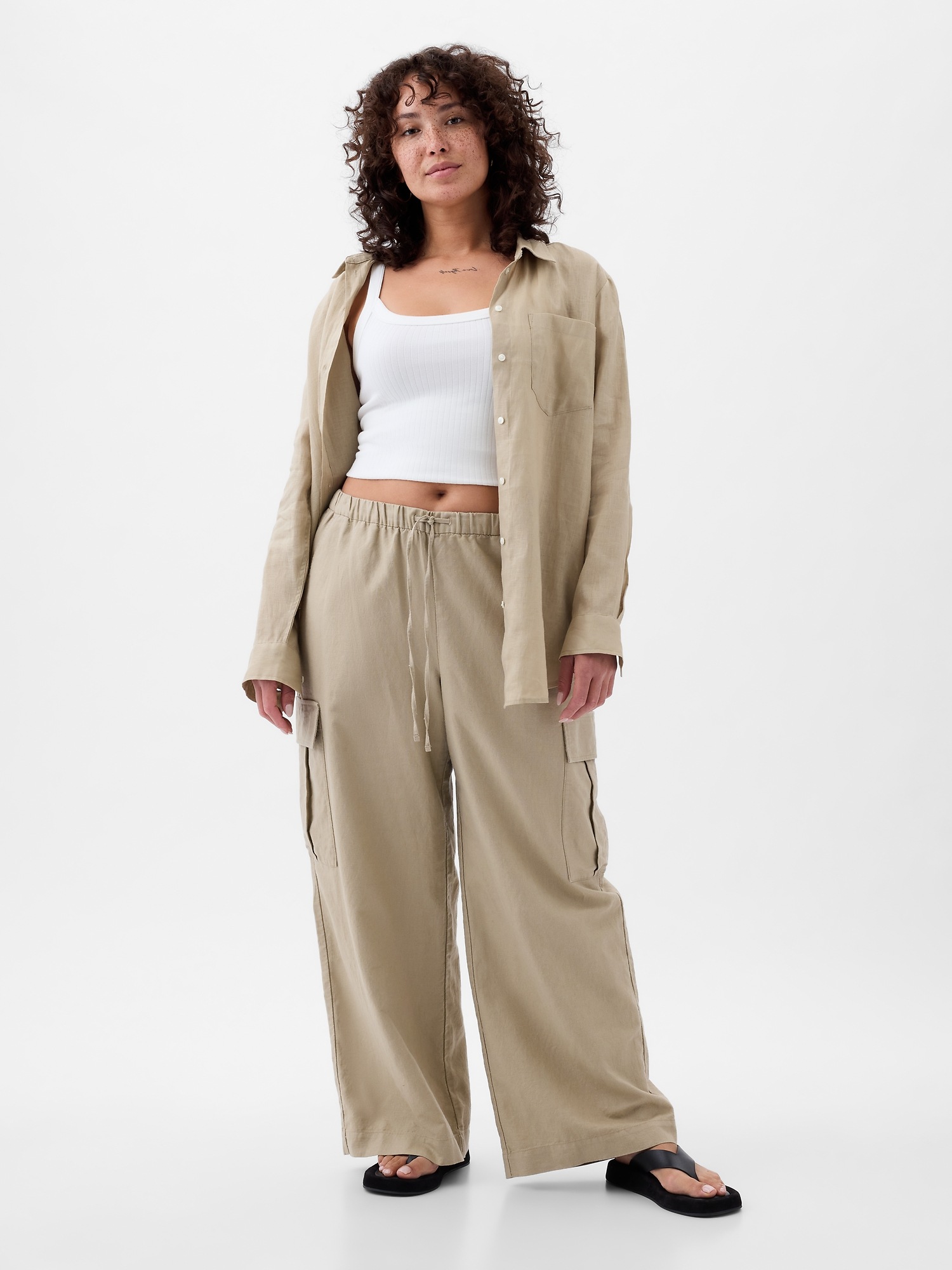 Plus Khaki Cargo Tailored Wide Leg Pants