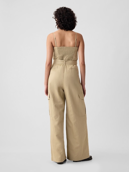 2 of 8 showing, with the color iconic khaki tan of product Linen-Cotton Cargo Jumpsuit