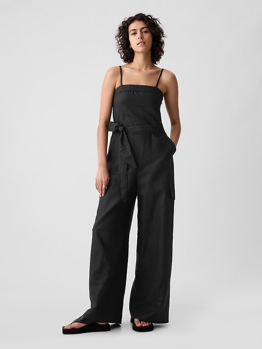 1 of 8 showing, with the color black of product Linen-Cotton Cargo Jumpsuit