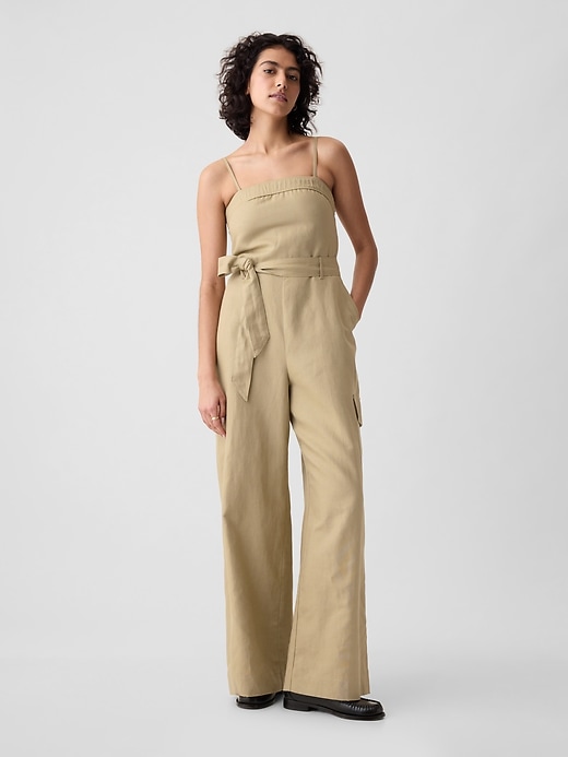 1 of 8 showing, with the color iconic khaki tan of product Linen-Cotton Cargo Jumpsuit