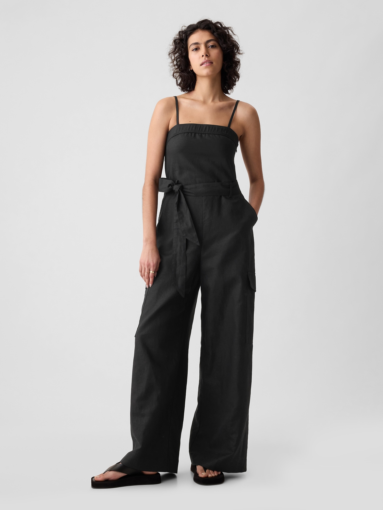 Linen-Cotton Cargo Jumpsuit