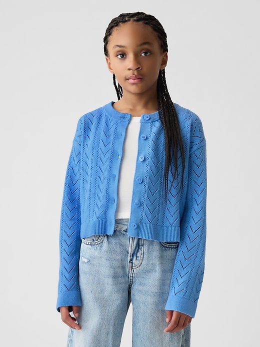 1 of 8 showing, with the color union blue of product Kids Pointelle Sweater