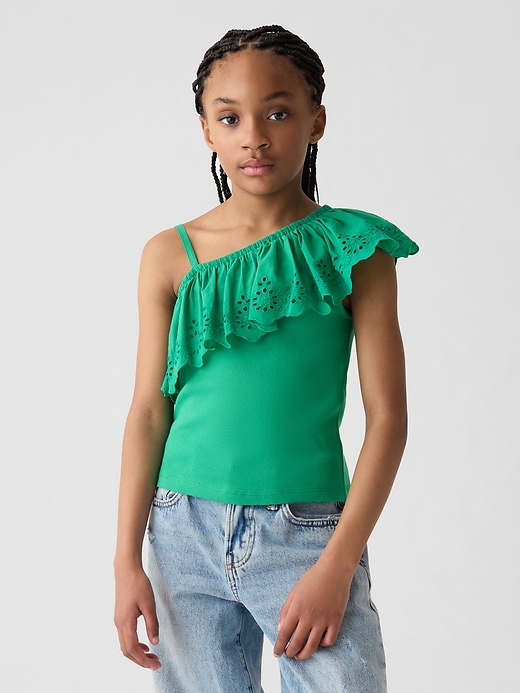 1 of 8 showing, with the color simply green of product Kids Asymmetrical Eyelet Top