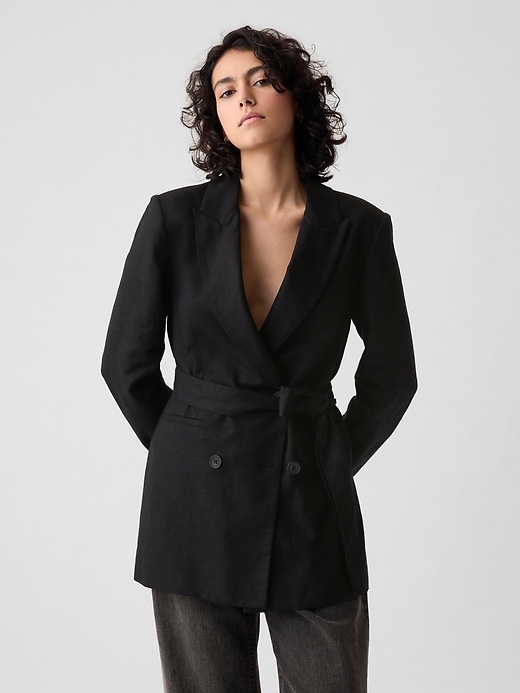 1 of 8 showing, with the color black of product Linen-Cotton Belted Blazer