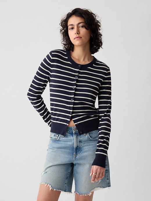 1 of 8 showing, with the color navy white stripe of product Lightweight CashSoft Cardigan
