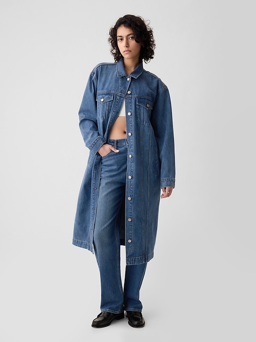 1 of 8 showing, with the color medium indigo of product Longline Icon Denim Jacket