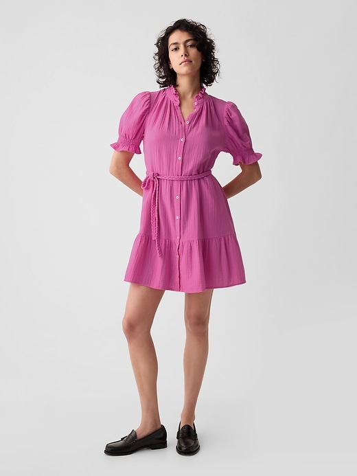 1 of 8 showing, with the color indie pink of product Crinkle Gauze Mini Dress