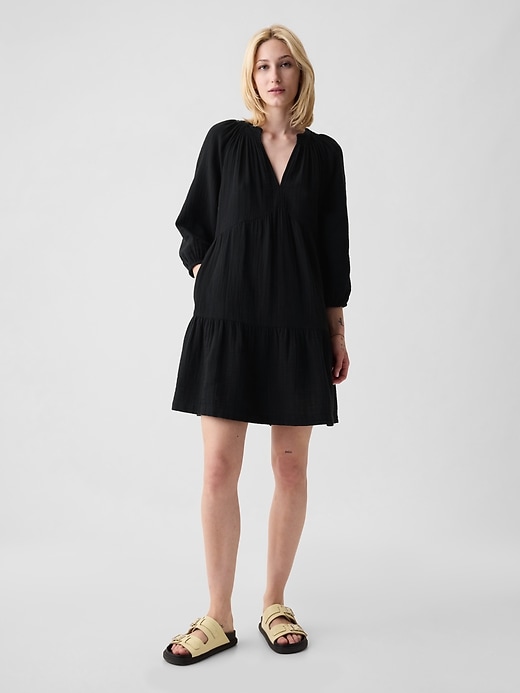 1 of 8 showing, with the color black of product Crinkle Gauze Tiered Mini Dress