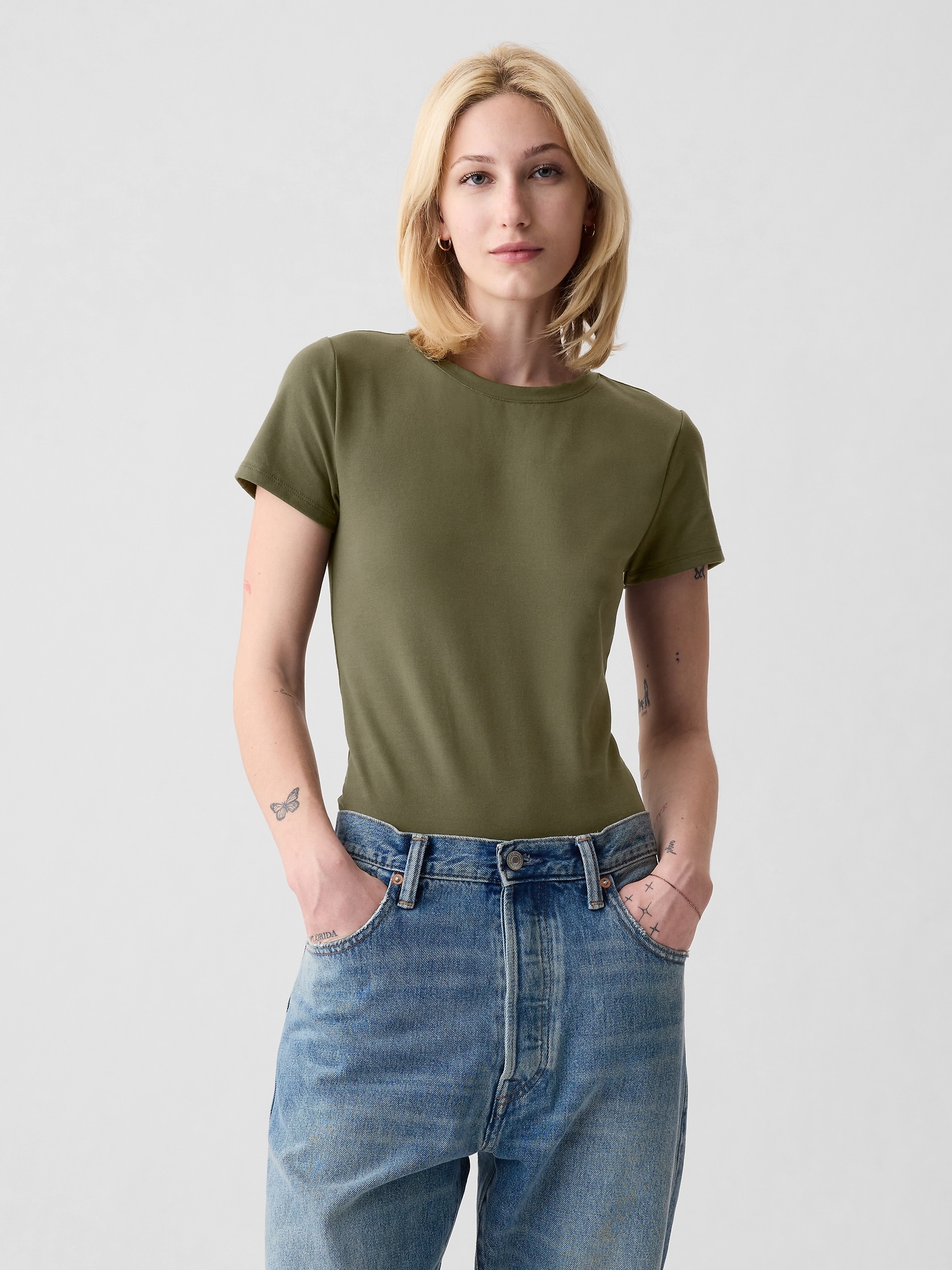 Shop Gap Compact Jersey T-shirt Bodysuit In Olive Green