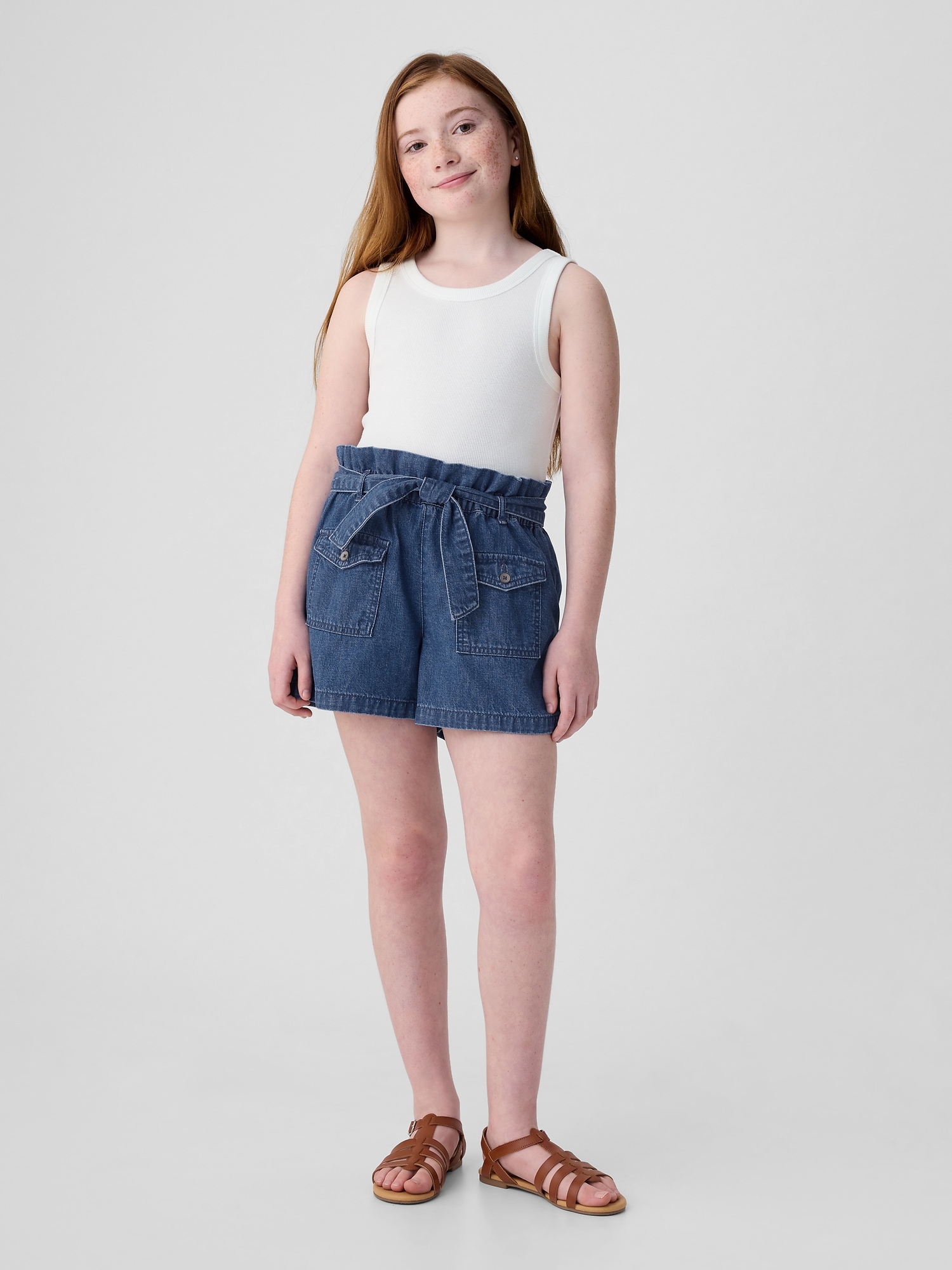 Kids High Rise Paperbag Denim Shorts
