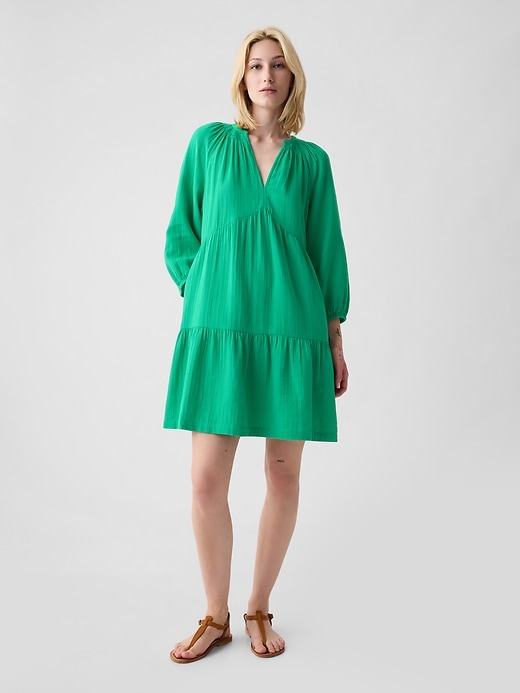 1 of 8 showing, with the color simply green of product Crinkle Gauze Tiered Mini Dress